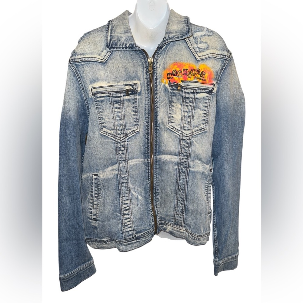 Rockstar  Original Miami Nights Blue Jean Jacket Distressed Vintage Style  NWOT